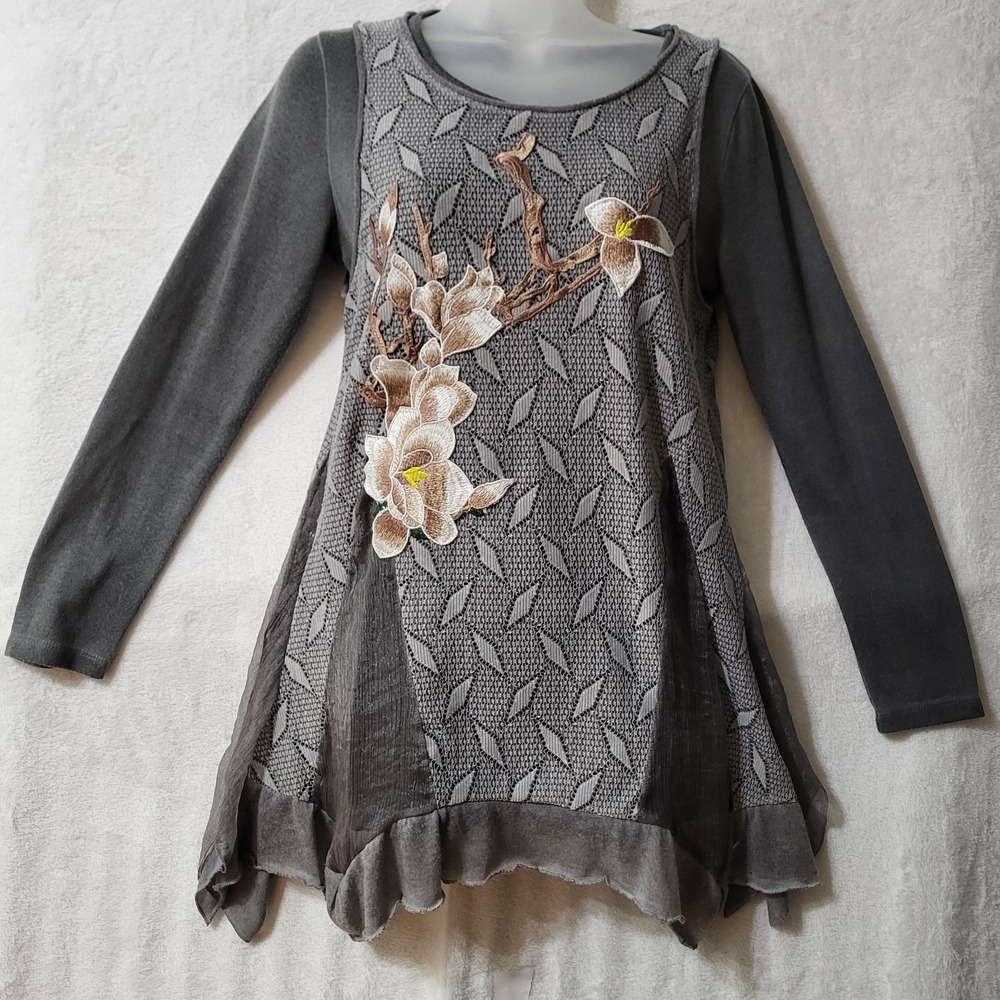 Arie.A 2pcs Top Women S Long Sleeve Embroidered Flower Layered Tunic Top Pullove
